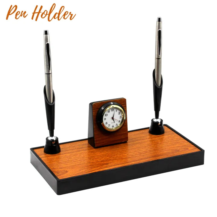Wooden Pencil Holder with Clock – Office Desk
